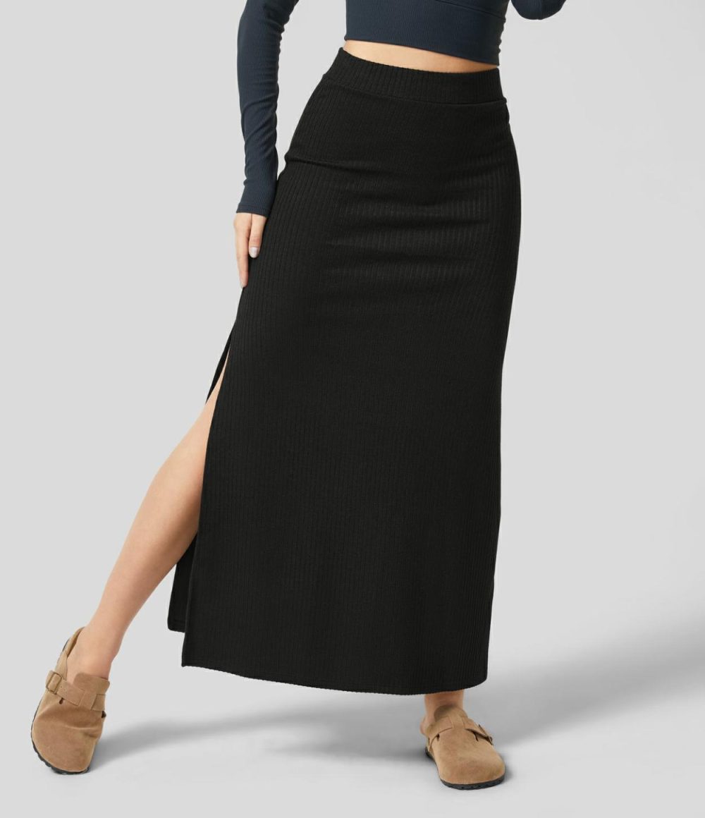 Ribbed High Waisted Split Hem A Line Maxi Casual Skirt  | Womens  Everyday Skirts Clothing Everyday Skirts