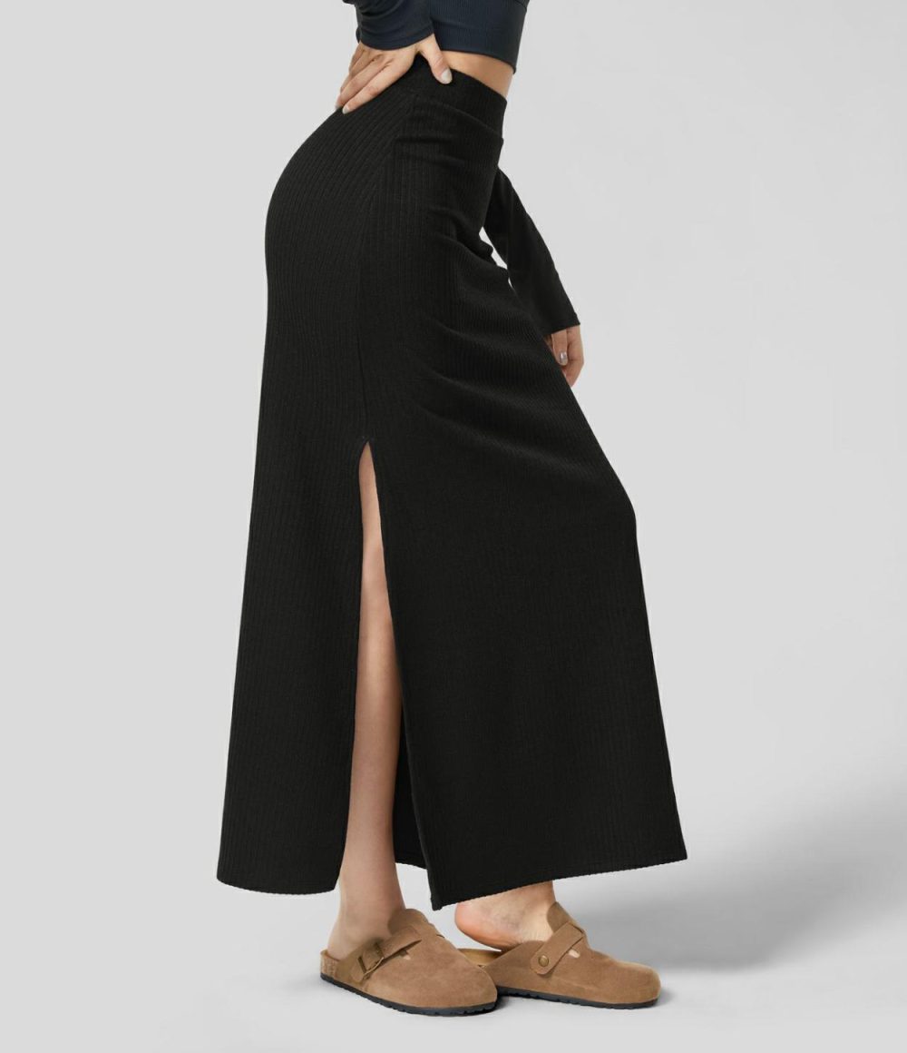 Ribbed High Waisted Split Hem A Line Maxi Casual Skirt  | Womens  Everyday Skirts Clothing Everyday Skirts