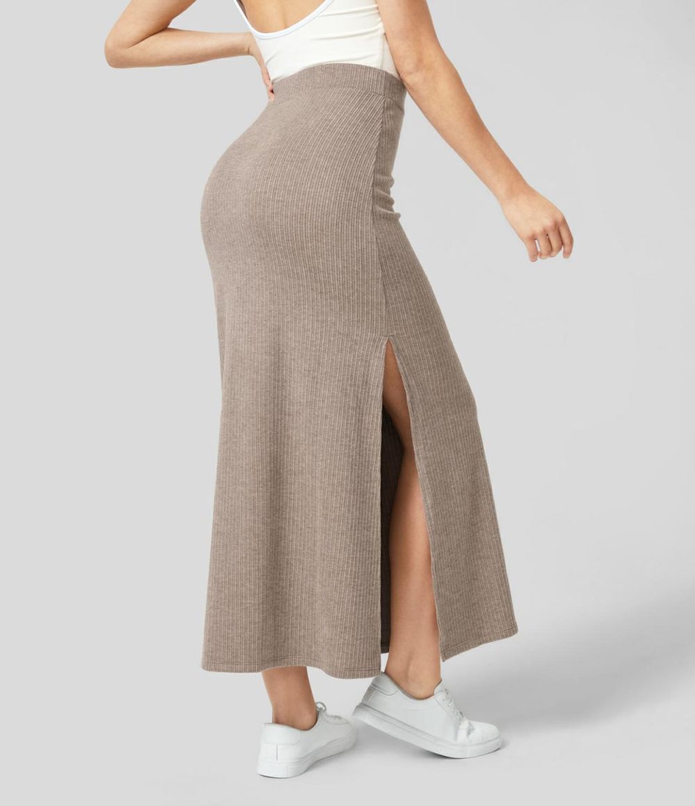 Ribbed High Waisted Split Hem A Line Maxi Casual Skirt  | Womens  Everyday Skirts Clothing Everyday Skirts