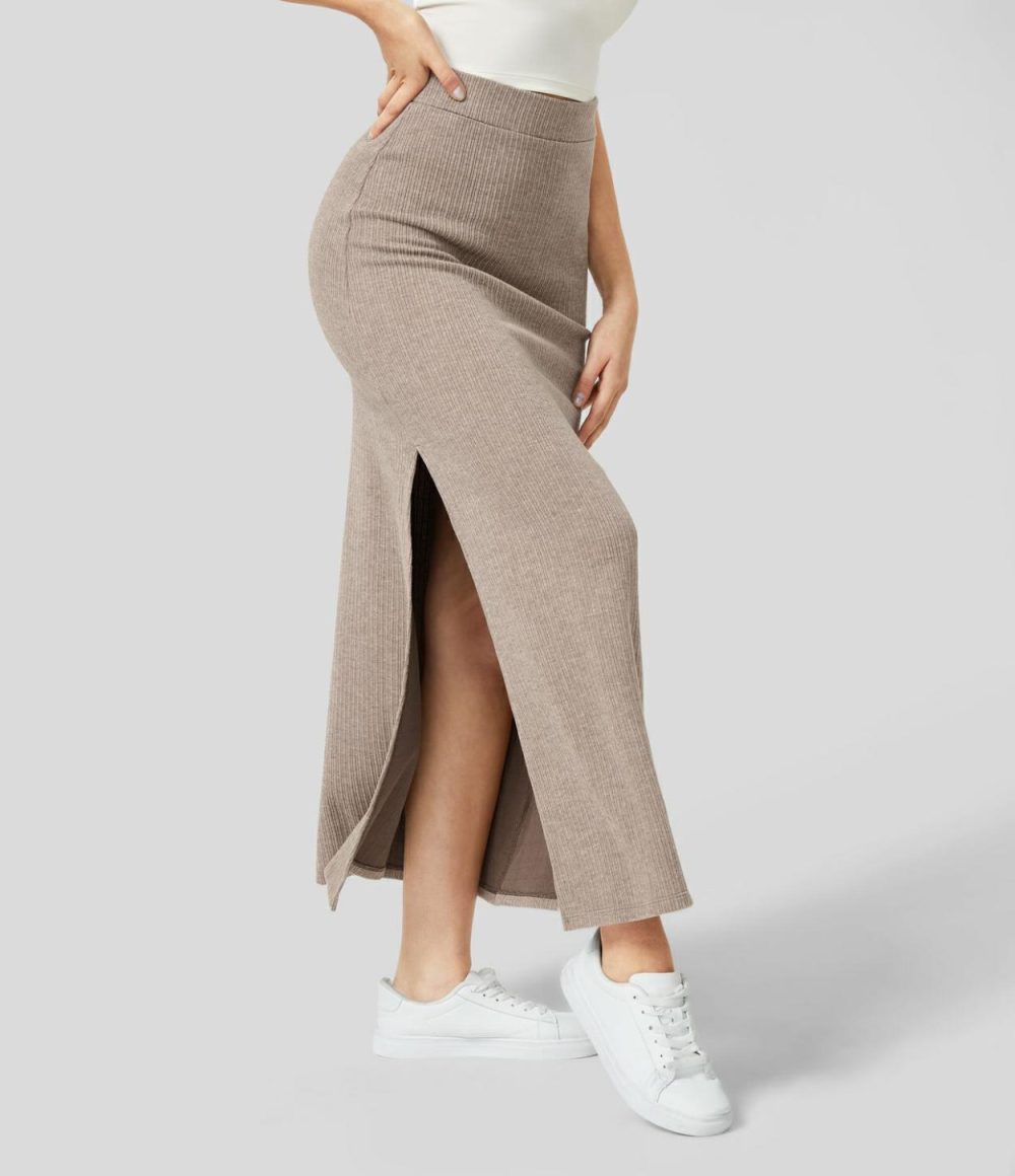 Ribbed High Waisted Split Hem A Line Maxi Casual Skirt  | Womens  Everyday Skirts Clothing Everyday Skirts