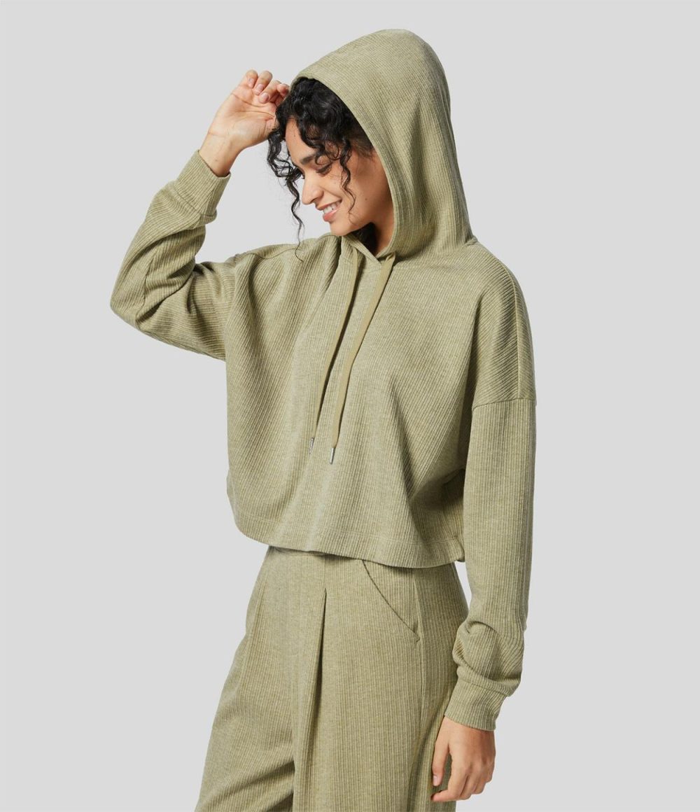 Ribbed Hooded Drawstring Dropped Shoulder Cropped Casual Sweatshirt  | Womens  Long Sleeve Tops Clothing Gray Green/Black