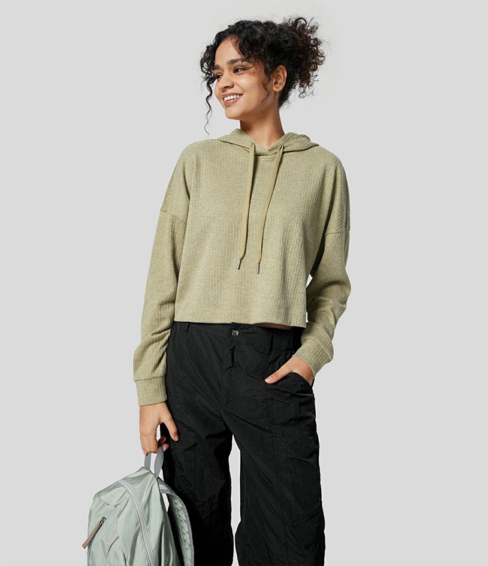 Ribbed Hooded Drawstring Dropped Shoulder Cropped Casual Sweatshirt  | Womens  Long Sleeve Tops Clothing Gray Green/Black