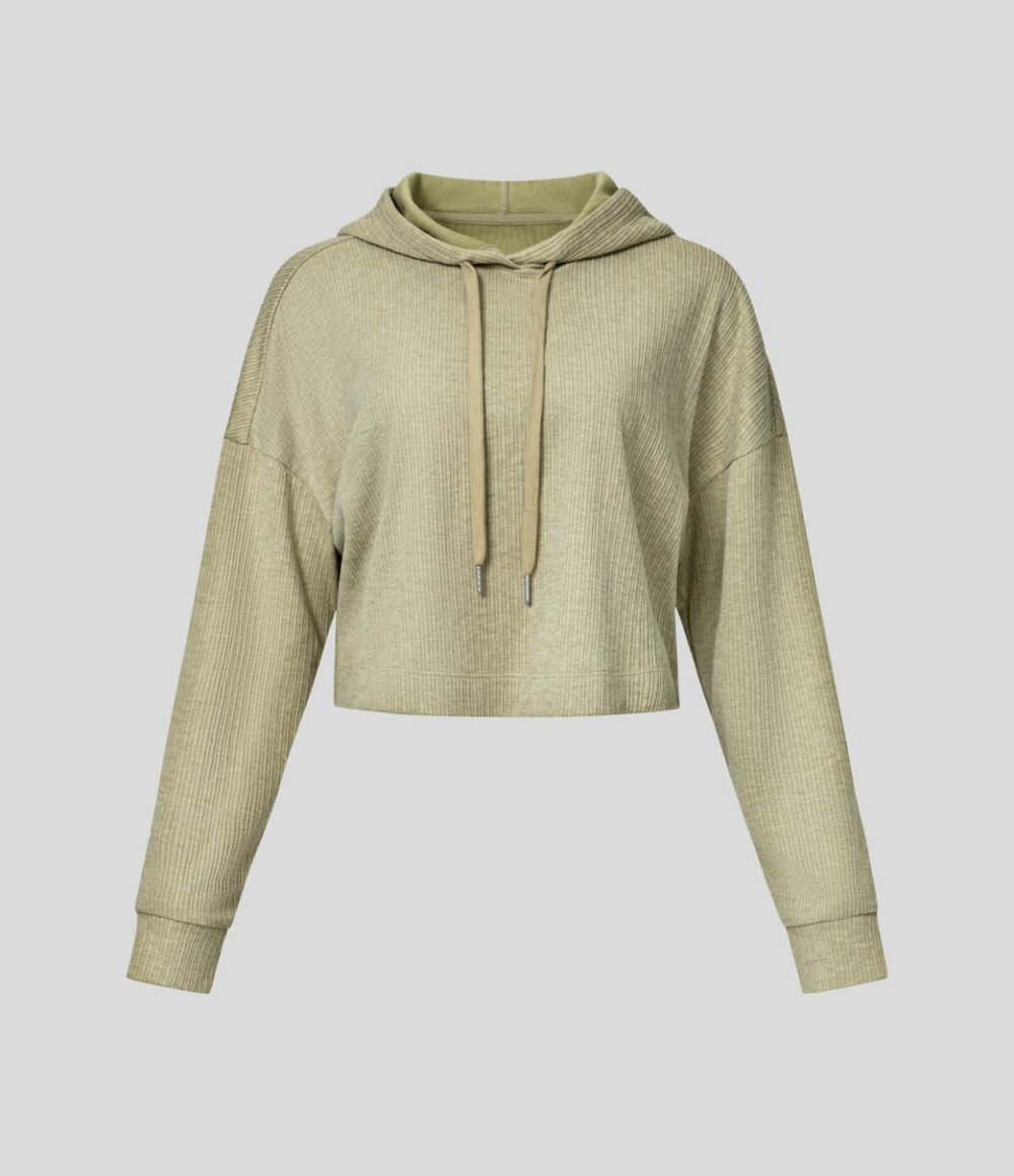 Ribbed Hooded Drawstring Dropped Shoulder Cropped Casual Sweatshirt  | Womens  Long Sleeve Tops Clothing Gray Green/Black