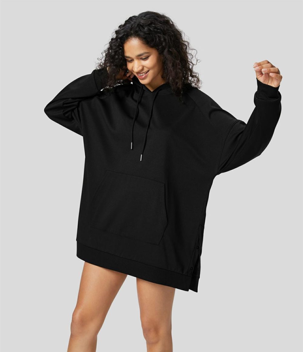 Ribbed Hooded Drawstring Raglan Sleeve Kangaroo Pocket Split Snap Button Oversize Casual Sweatshirt  | Womens  Long Sleeve Tops Clothing Delicioso/Black