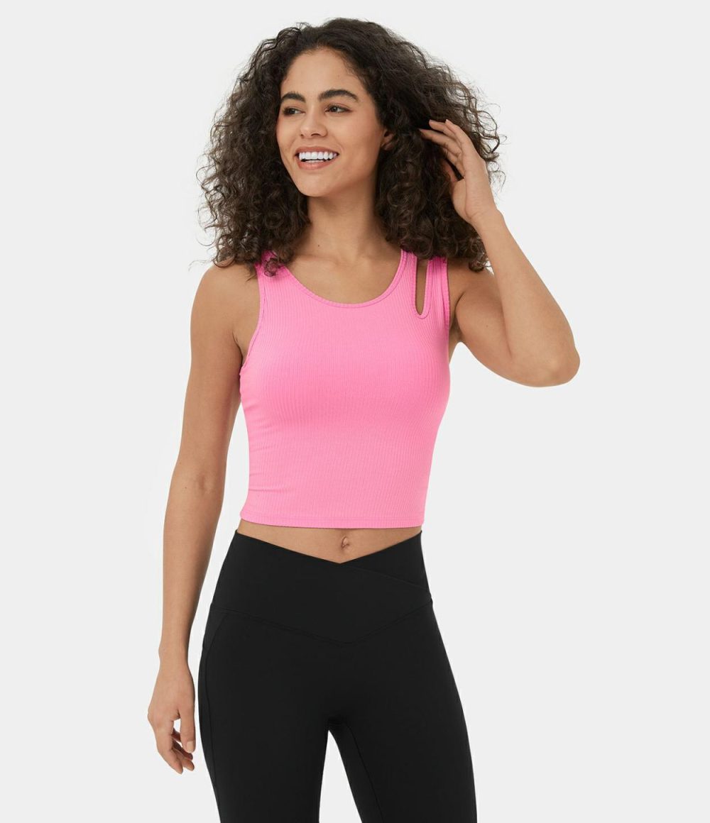 Ribbed Knit Asymmetric Cut Out Cropped Yoga Tank Top  | Womens  Cropped Tops Clothing Cropped Tops