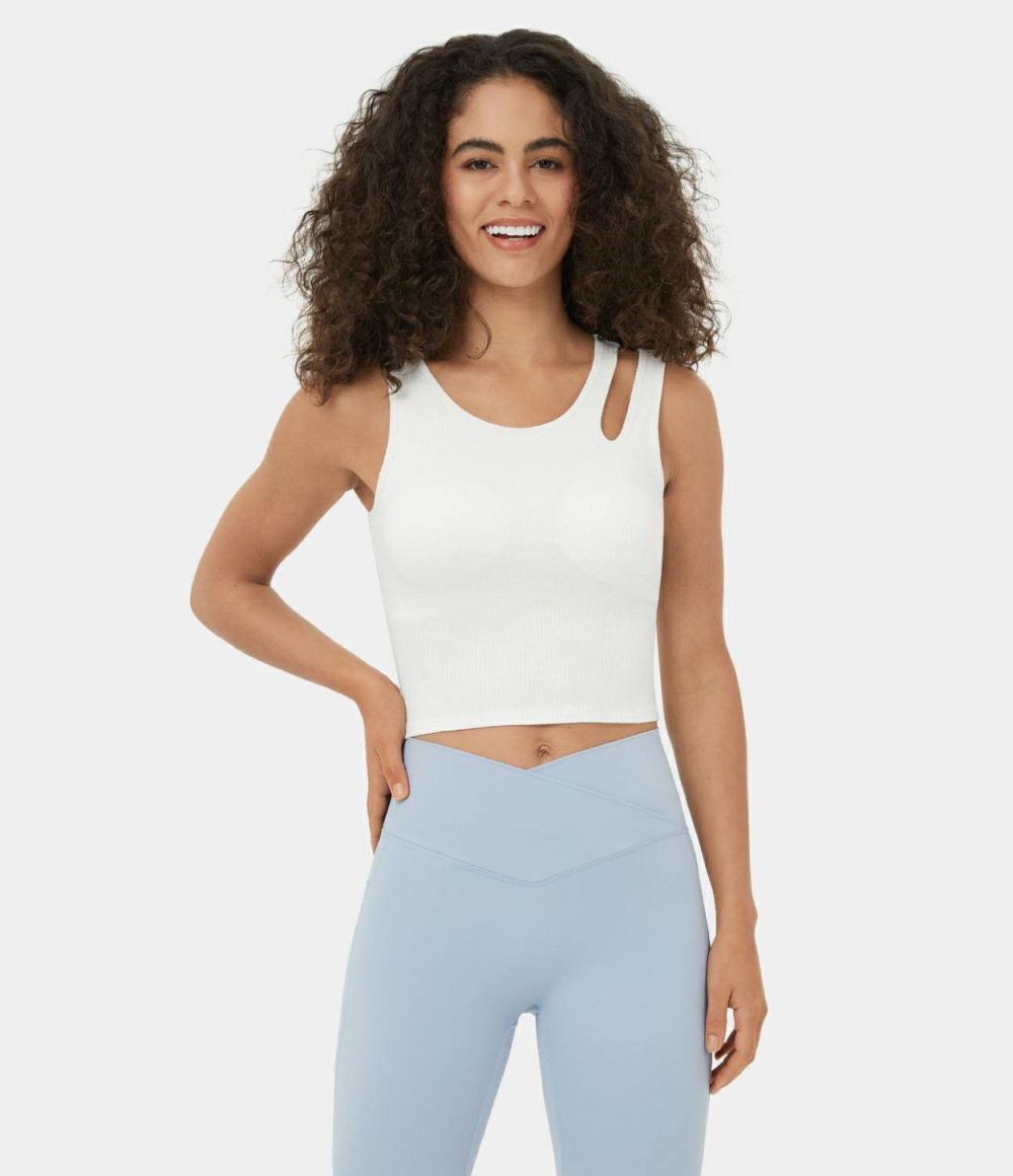 Ribbed Knit Asymmetric Cut Out Cropped Yoga Tank Top  | Womens  Cropped Tops Clothing Cropped Tops