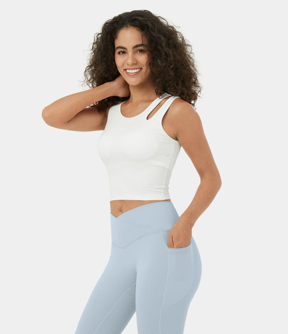 Ribbed Knit Asymmetric Cut Out Cropped Yoga Tank Top  | Womens  Cropped Tops Clothing Cropped Tops