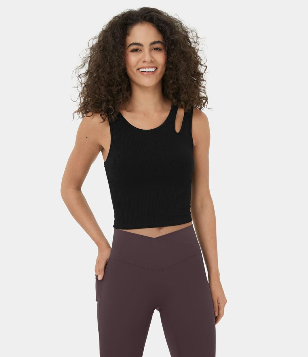 Ribbed Knit Asymmetric Cut Out Cropped Yoga Tank Top  | Womens  Cropped Tops Clothing Cropped Tops