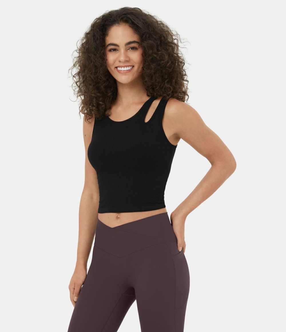 Ribbed Knit Asymmetric Cut Out Cropped Yoga Tank Top  | Womens  Cropped Tops Clothing Cropped Tops