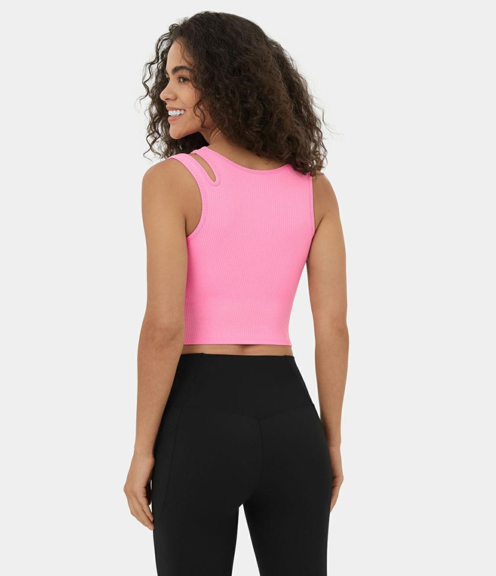 Ribbed Knit Asymmetric Cut Out Cropped Yoga Tank Top  | Womens  Cropped Tops Clothing Cropped Tops