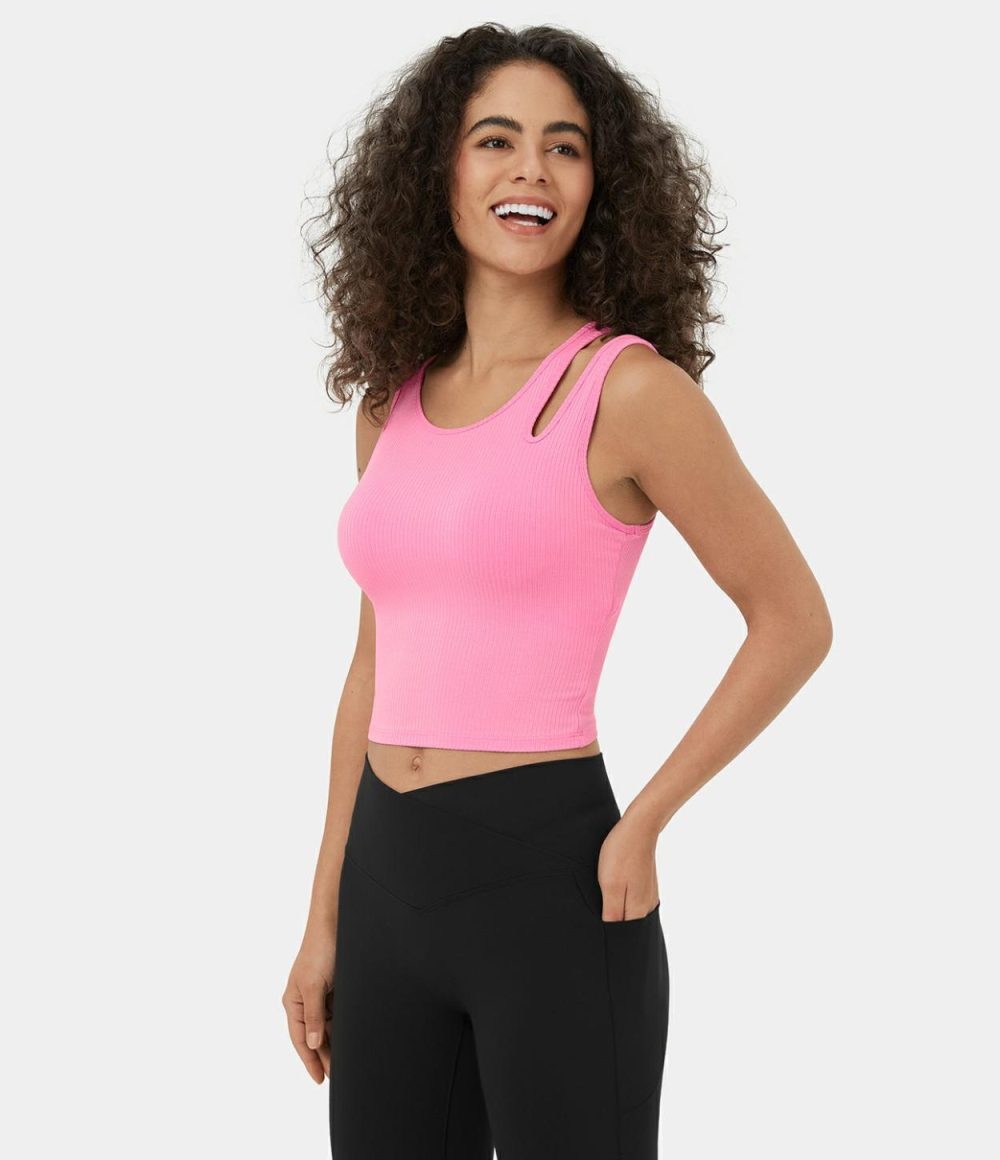 Ribbed Knit Asymmetric Cut Out Cropped Yoga Tank Top  | Womens  Cropped Tops Clothing Cropped Tops