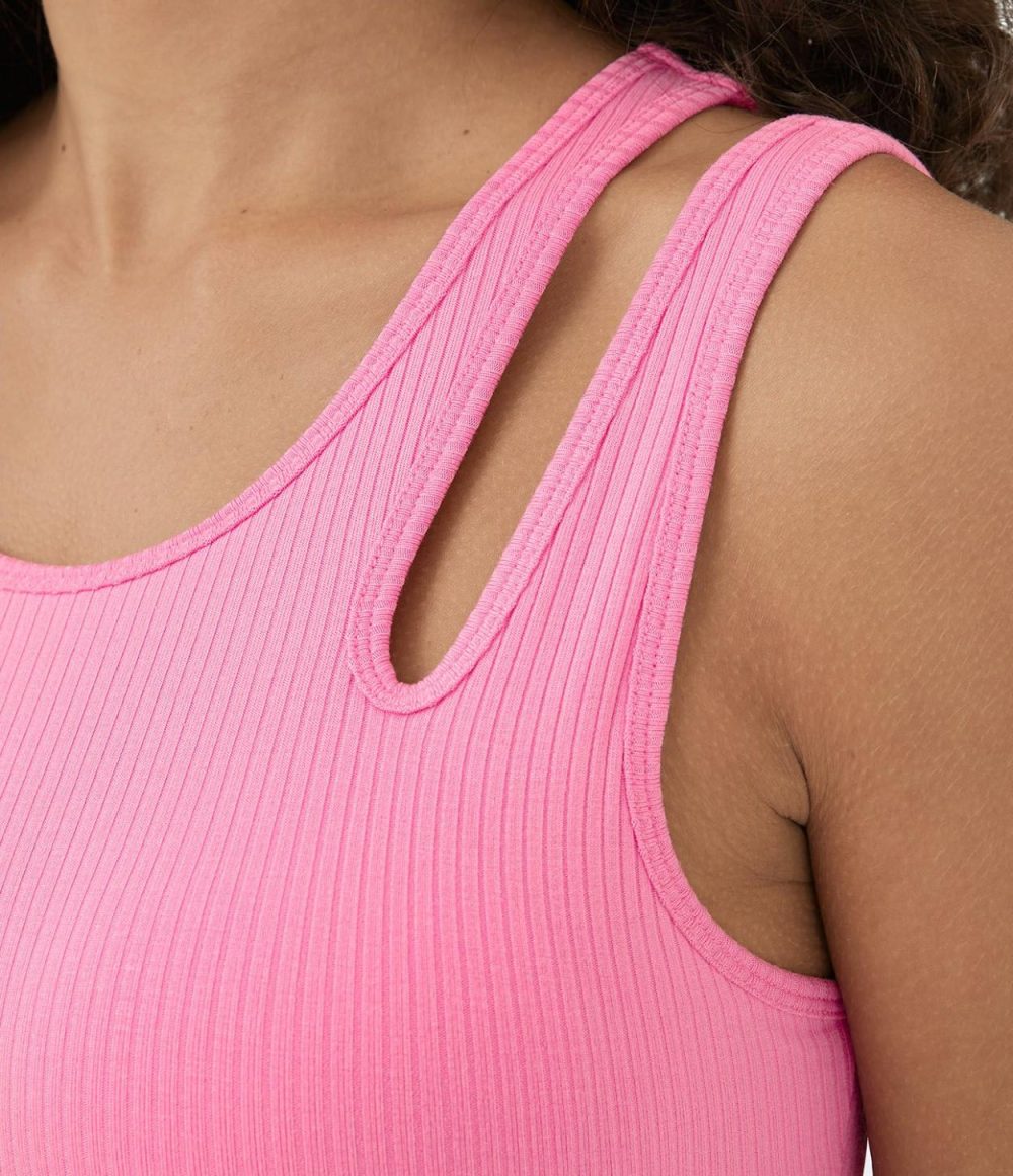 Ribbed Knit Asymmetric Cut Out Cropped Yoga Tank Top  | Womens  Cropped Tops Clothing Cropped Tops