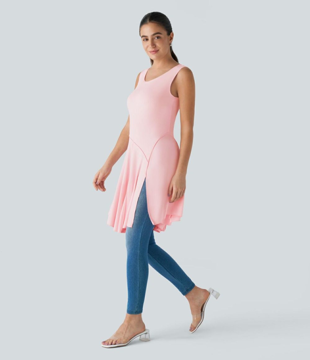 Ribbed Knit Asymmetric Split Hem Resort Tank Dress  | Womens  Mini Dresses Clothing Black/Rose Haze Pink