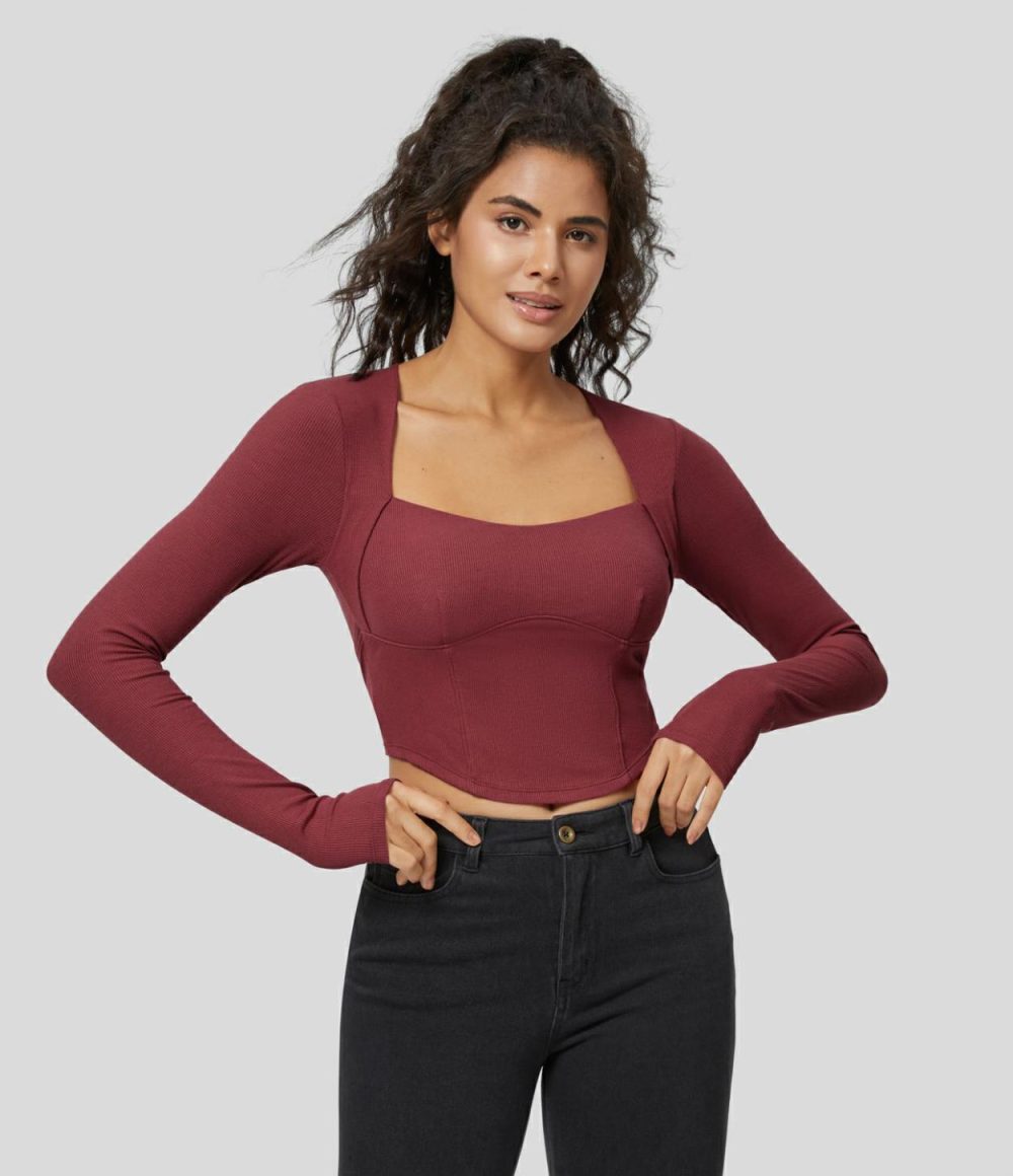 Ribbed Knit Backless Twisted Back Square Neck Long Sleeve Thumb Hole Curved Hem Solid Casual Top  | Womens  Long Sleeve Tops Clothing Long Sleeve Tops