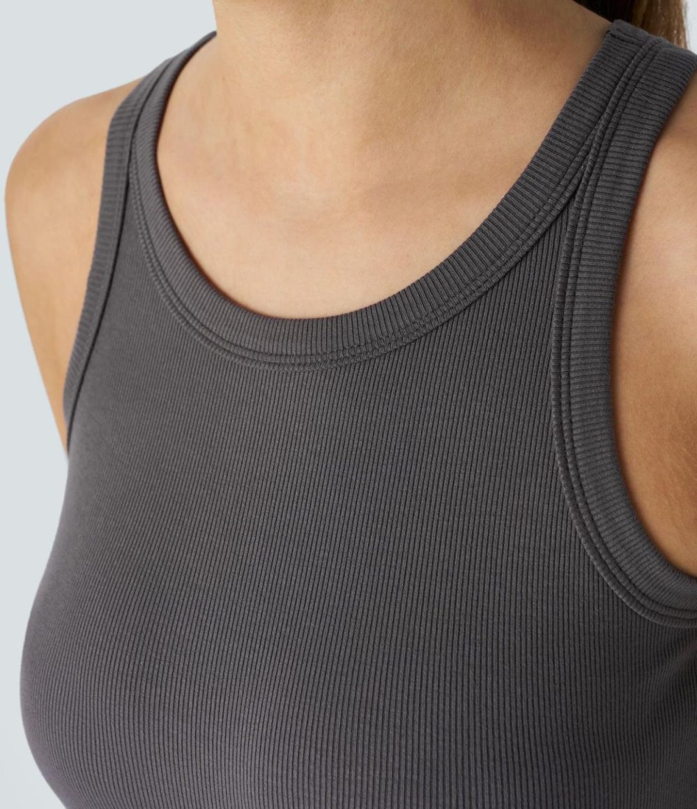 Ribbed Knit Basic Solid Slim Casual Tank Top  | Womens  T-Shirts Clothing Black/Smokey Grey