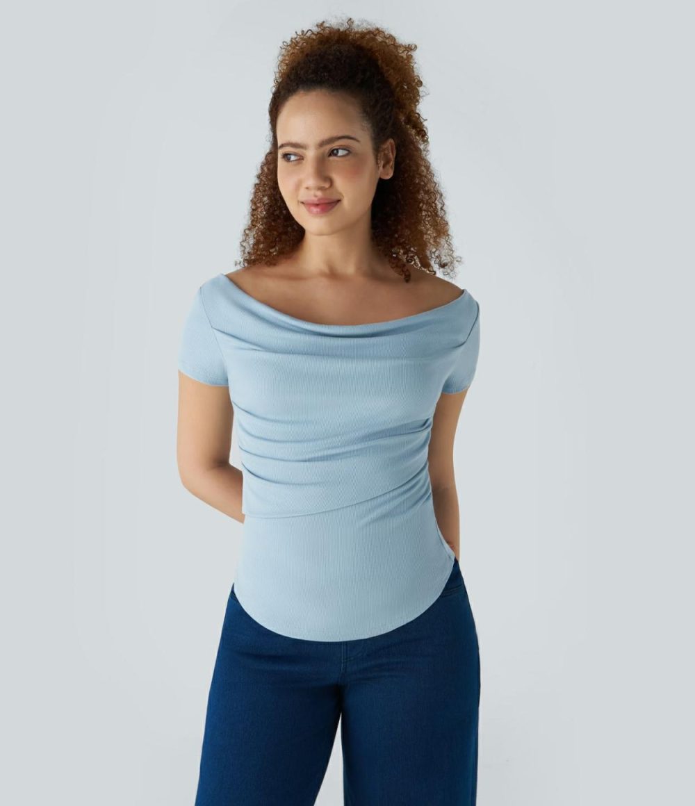 Ribbed Knit Boat Neck Ruched Curved Hem Skinny Casual Top  | Womens  Curved Hem Tops Clothing Black/Light Grey Blue