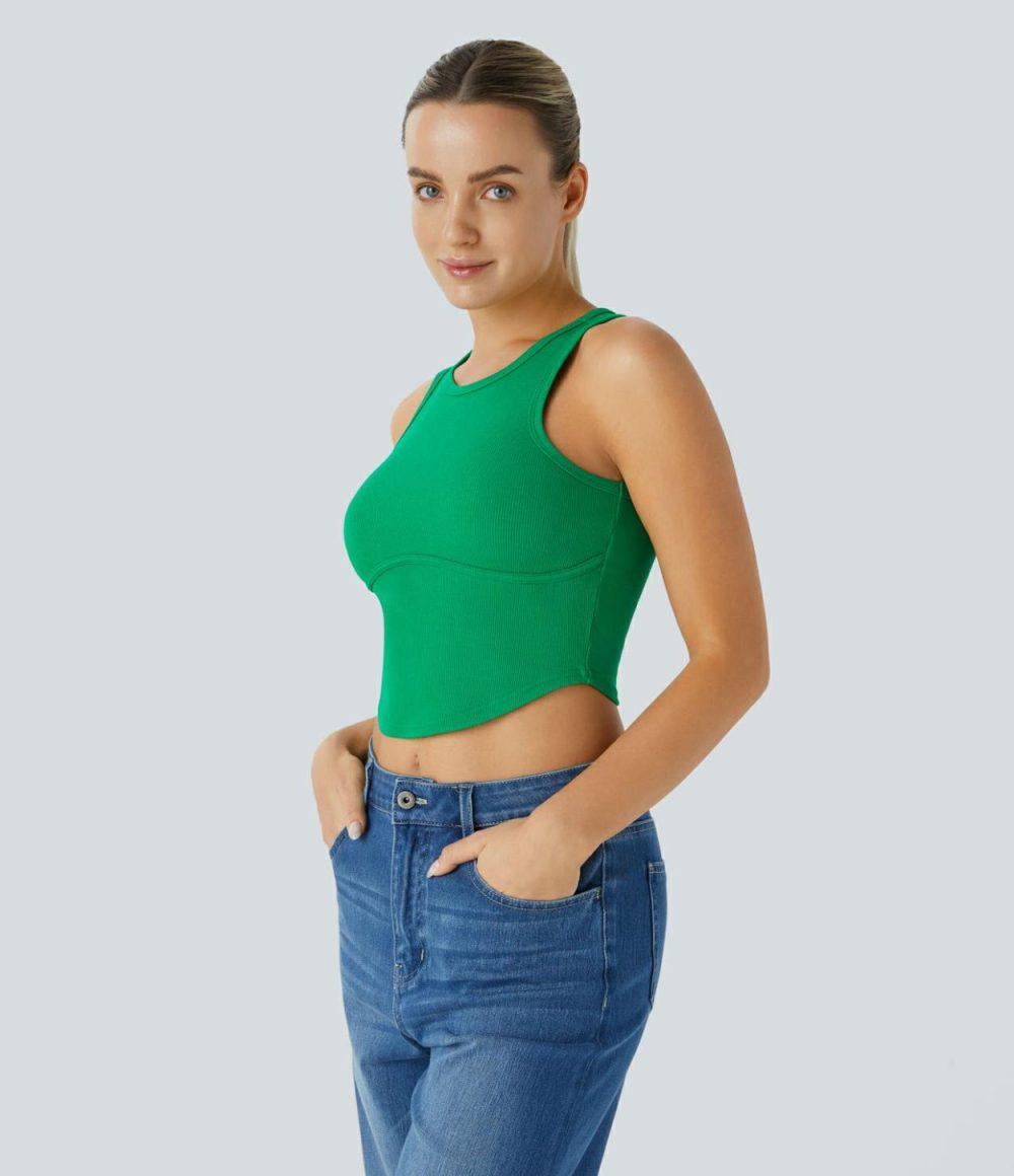 Ribbed Knit Curved Hem Cropped Skinny Casual Tank Top  | Womens  Cropped Tops Clothing Cropped Tops