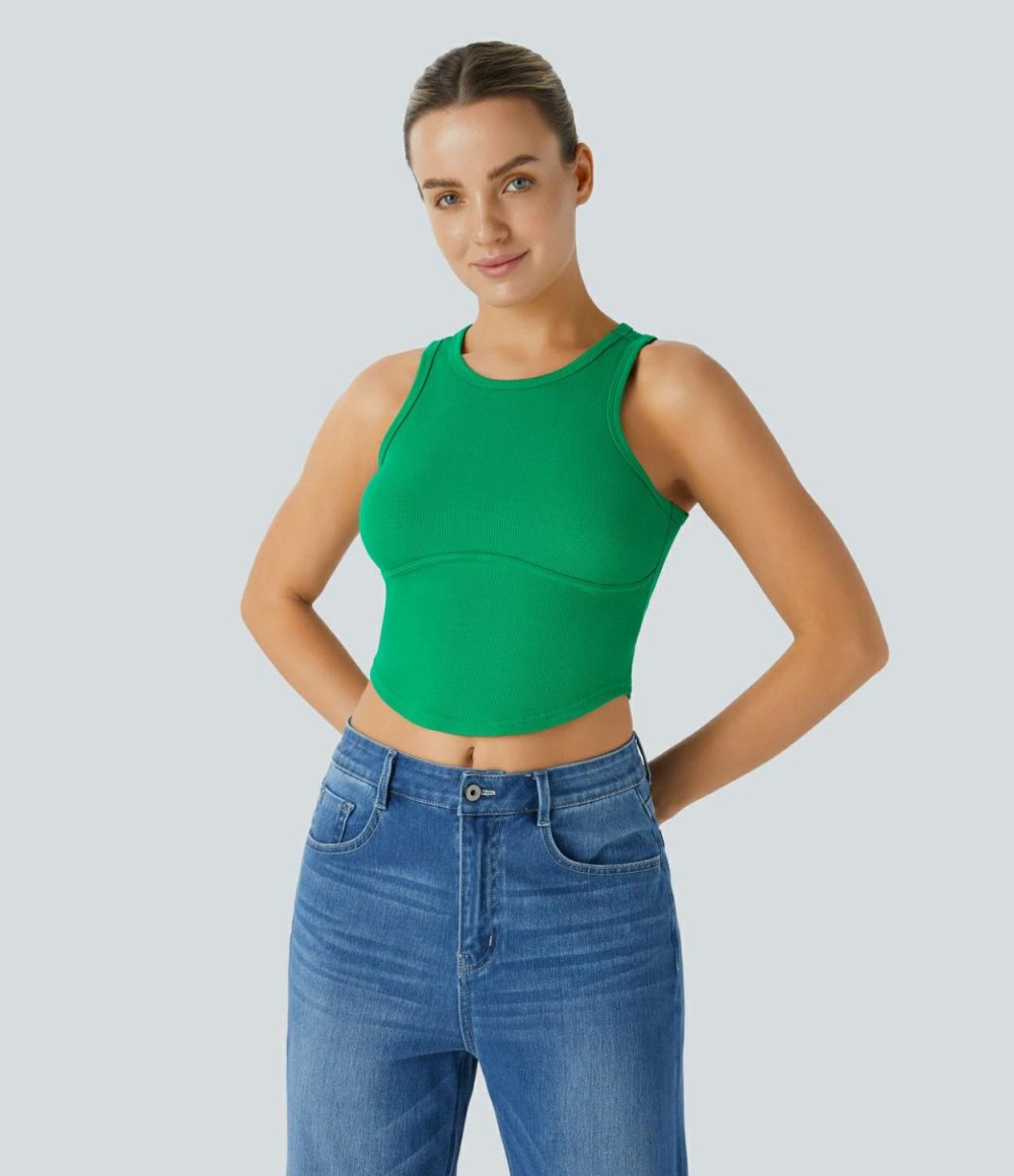 Ribbed Knit Curved Hem Cropped Skinny Casual Tank Top  | Womens  Cropped Tops Clothing Cropped Tops