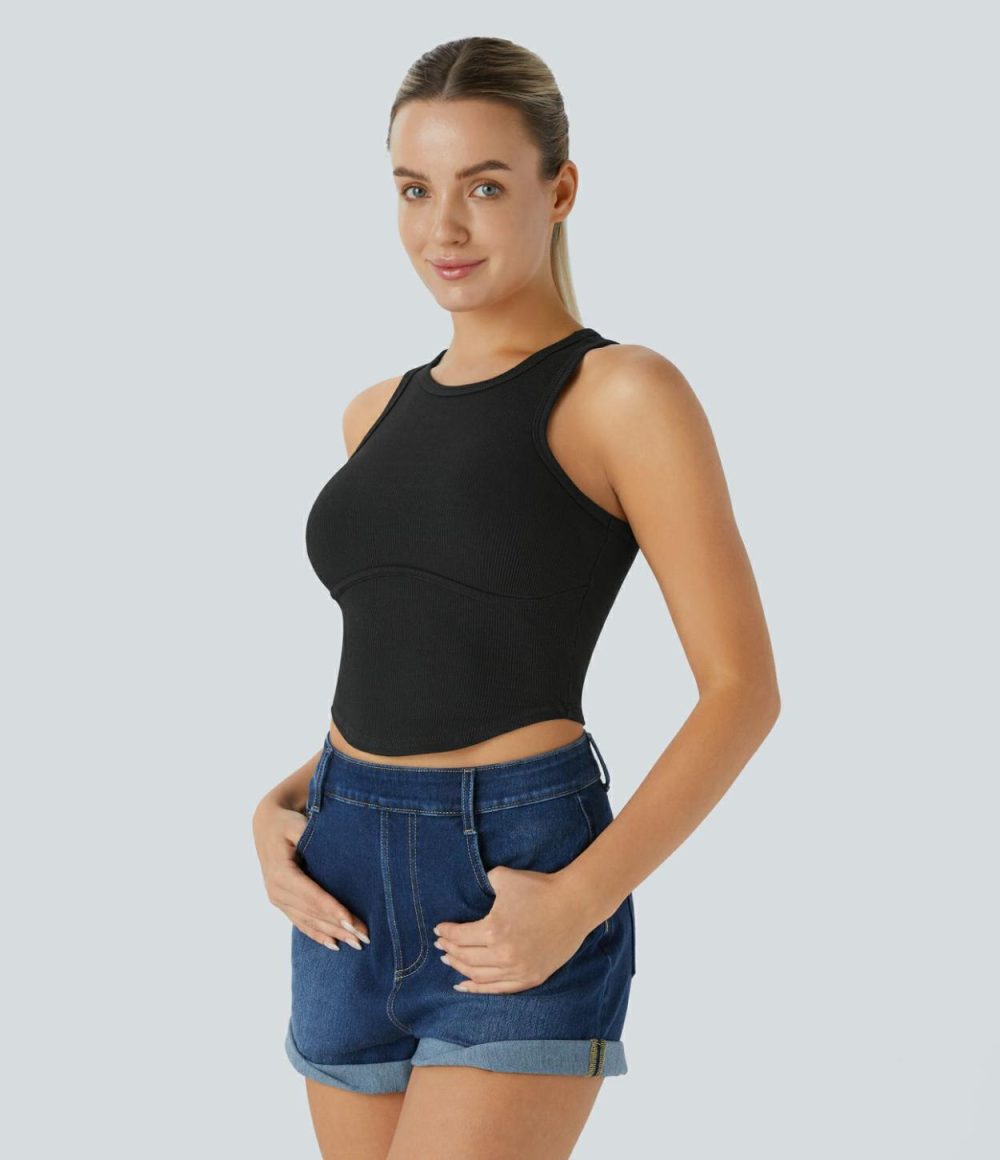 Ribbed Knit Curved Hem Cropped Skinny Casual Tank Top  | Womens  Cropped Tops Clothing Cropped Tops