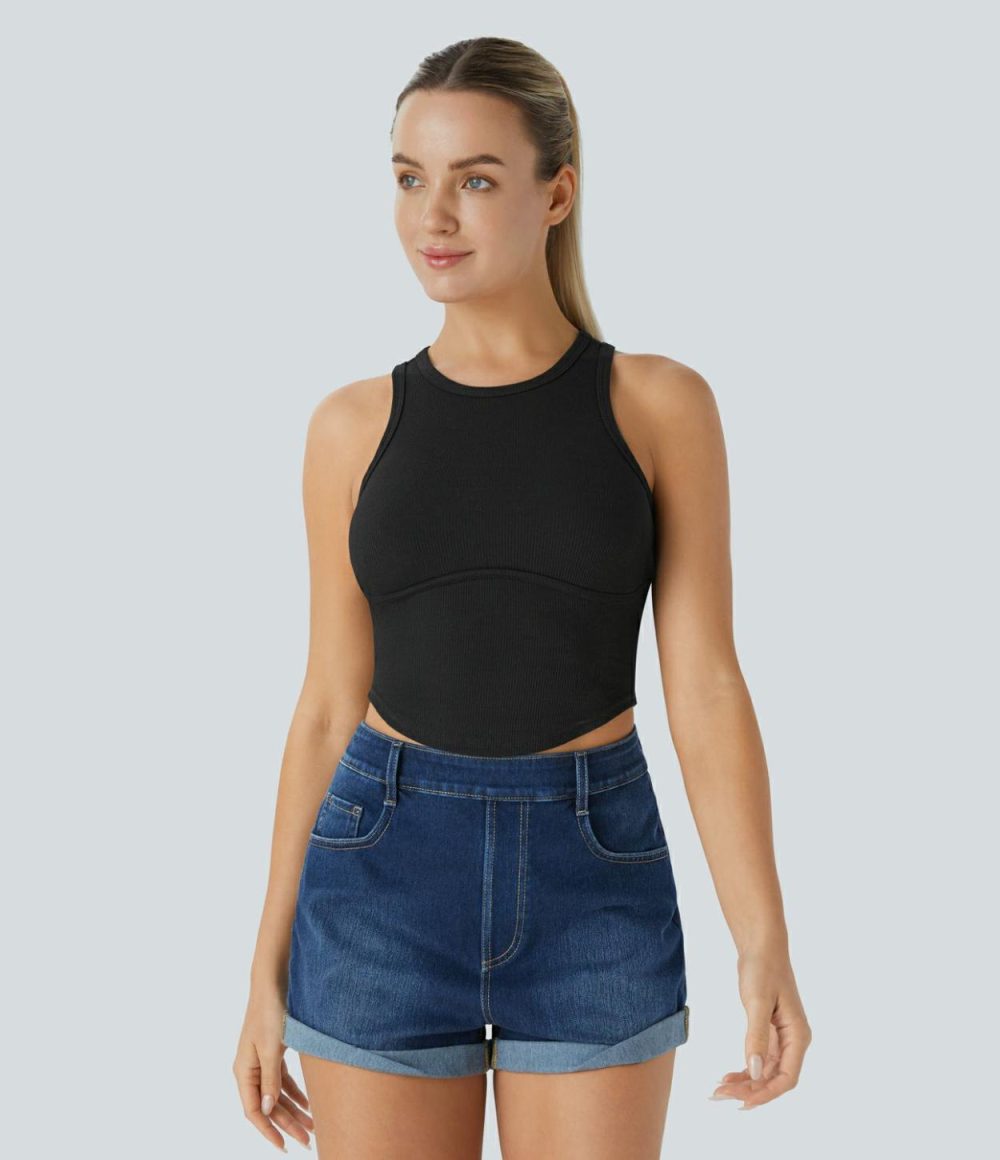 Ribbed Knit Curved Hem Cropped Skinny Casual Tank Top  | Womens  Cropped Tops Clothing Cropped Tops