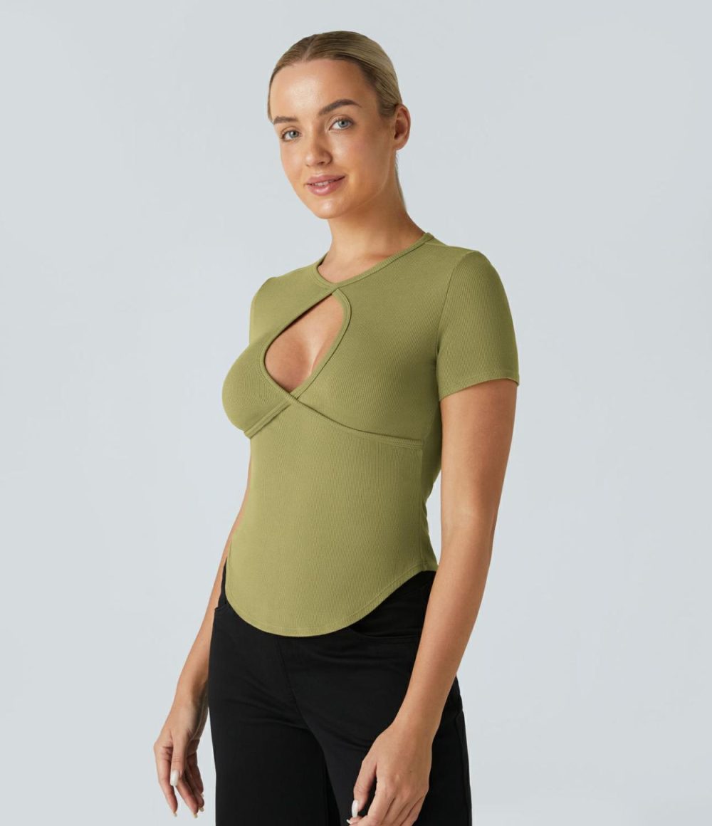 Ribbed Knit Cut Out Curved Hem Skinny Casual T-Shirt  | Womens  T-Shirts Clothing Black/Green Olive