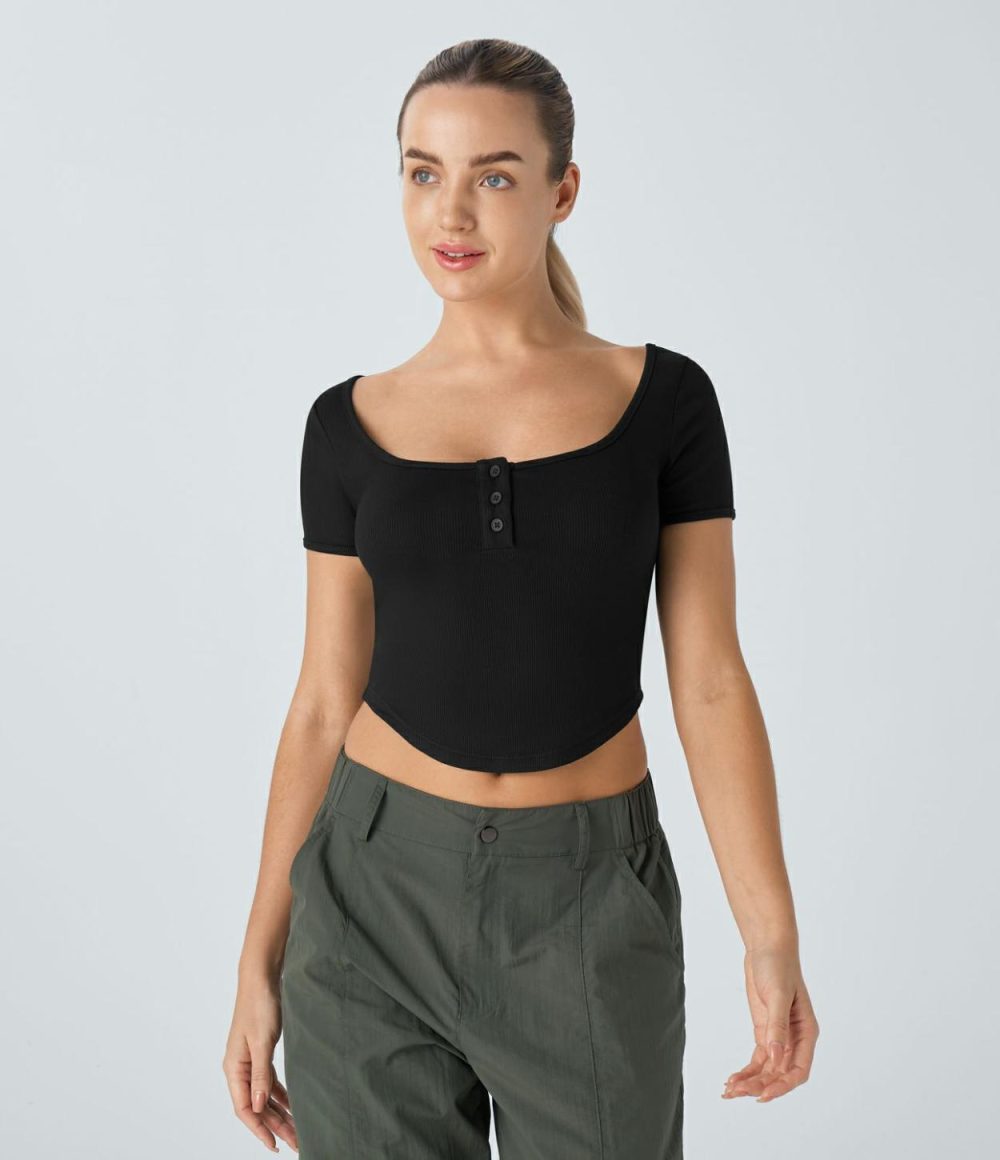 Ribbed Knit Henley Neck Curved Hem Slim Cropped Casual Top  | Womens  Cropped Tops Clothing Black/Frosted Almond