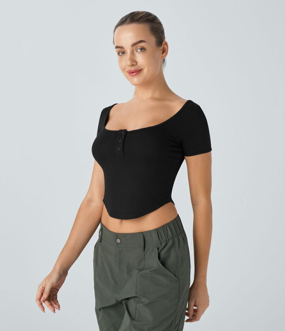 Ribbed Knit Henley Neck Curved Hem Slim Cropped Casual Top  | Womens  Cropped Tops Clothing Black/Frosted Almond