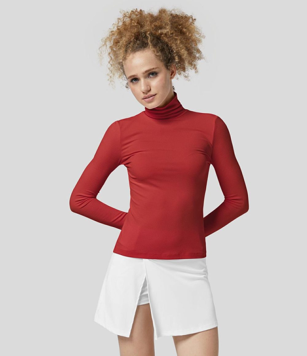 Ribbed Knit High Collar Long Sleeve Casual Top  | Womens  Long Sleeve Tops Clothing Long Sleeve Tops