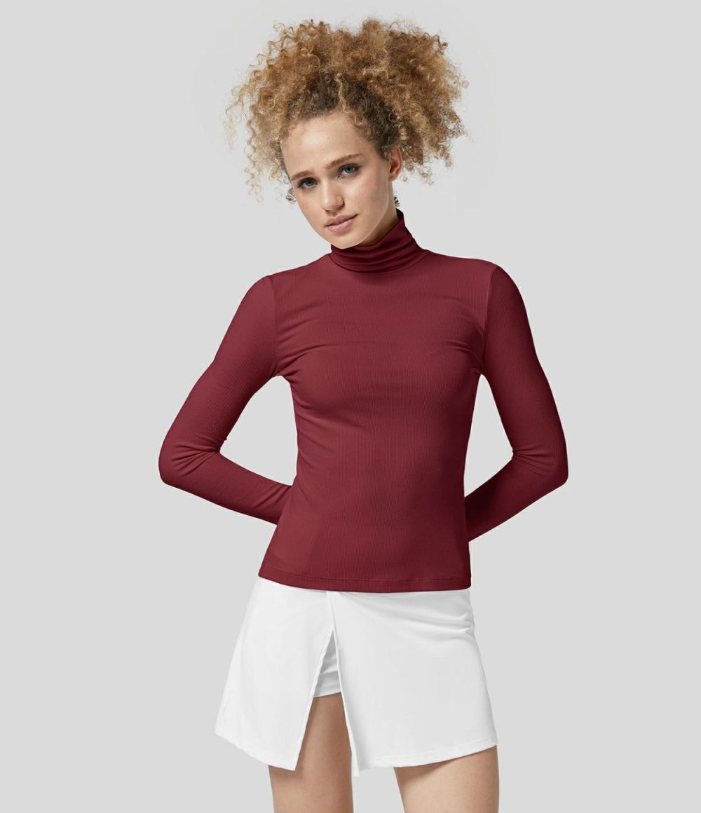 Ribbed Knit High Collar Long Sleeve Casual Top  | Womens  Long Sleeve Tops Clothing Long Sleeve Tops