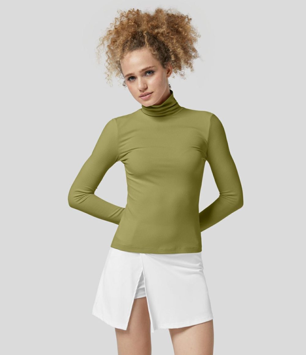 Ribbed Knit High Collar Long Sleeve Casual Top  | Womens  Long Sleeve Tops Clothing Long Sleeve Tops