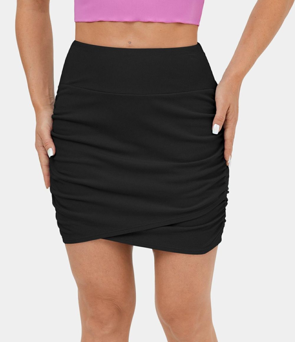 Ribbed Knit High Waisted Bodycon Mini Ruched Casual Skirt  | Womens  Mini Skirts Clothing Black/Azure Haze