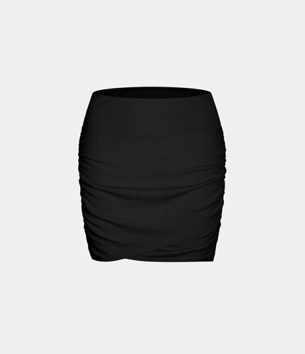 Ribbed Knit High Waisted Bodycon Mini Ruched Casual Skirt  | Womens  Mini Skirts Clothing Black/Azure Haze