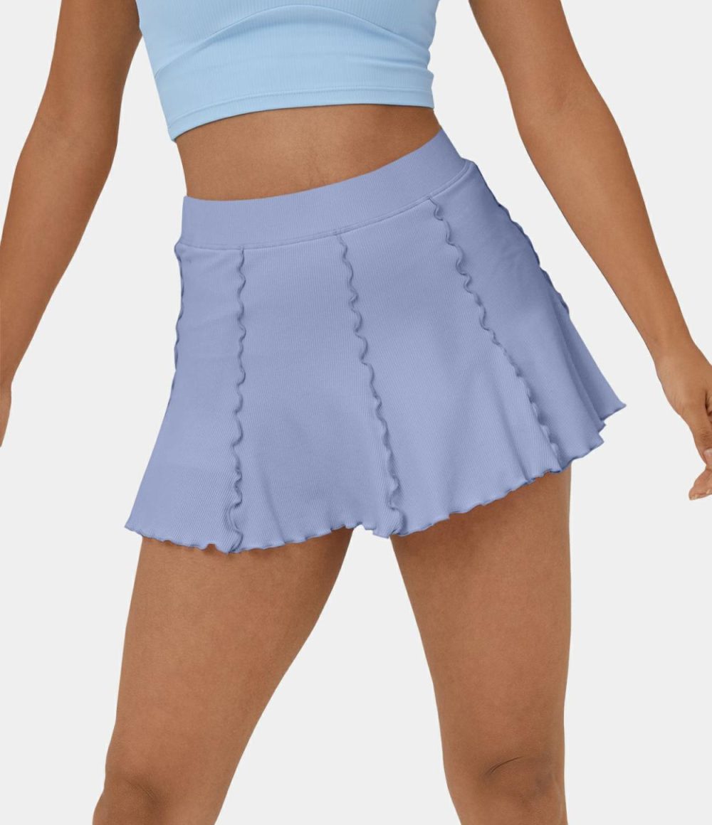 Ribbed Knit High Waisted Contrast Trim Frill 2-in-1 Side Pocket Mini Tennis Skirt  | Womens  Mini Skirts Clothing Mini Skirts