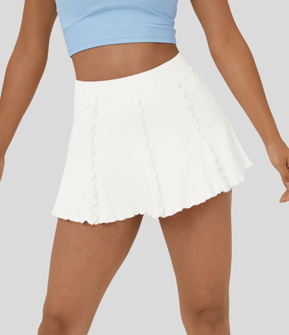 Ribbed Knit High Waisted Contrast Trim Frill 2-in-1 Side Pocket Mini Tennis Skirt  | Womens  Mini Skirts Clothing Mini Skirts