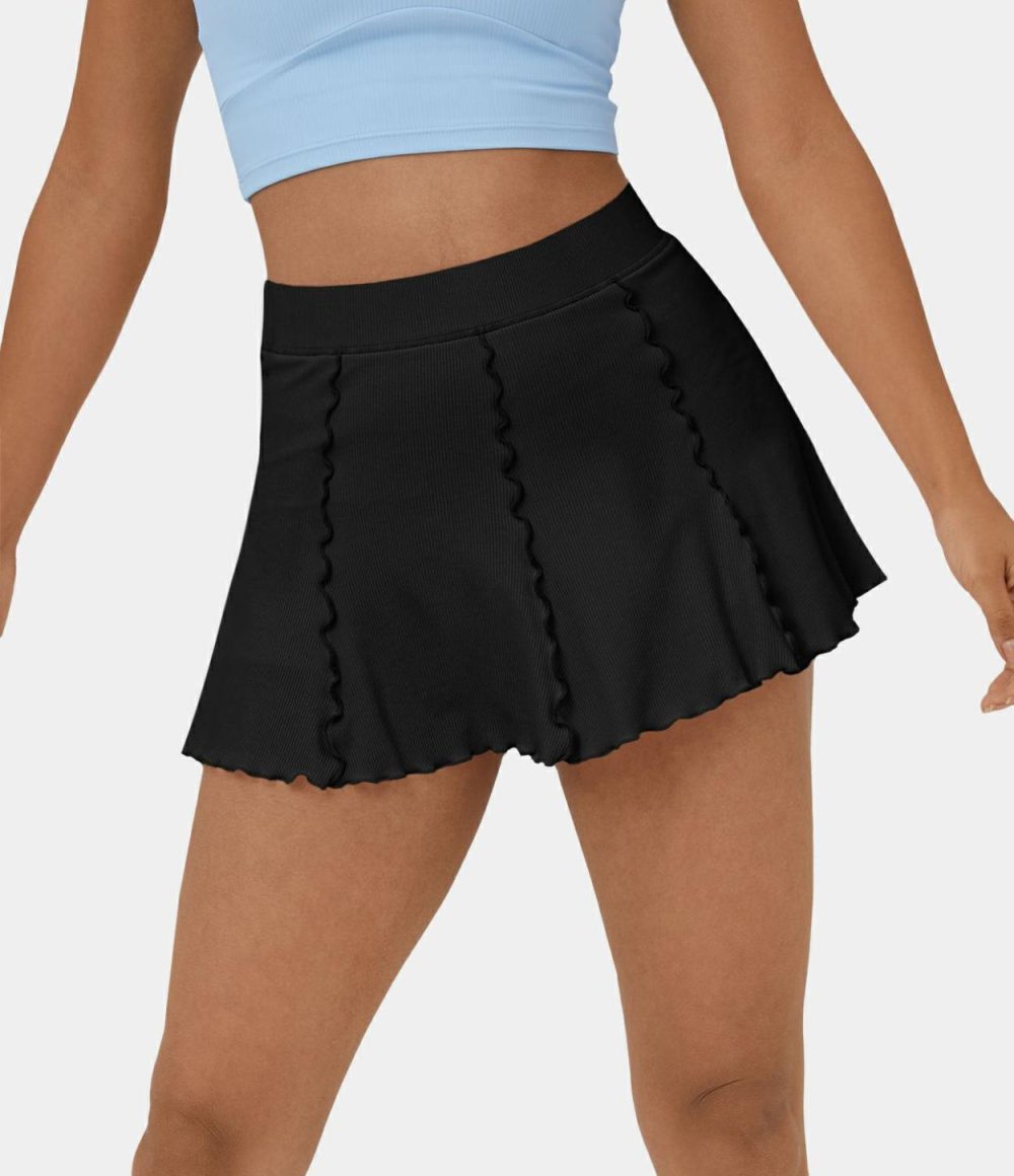 Ribbed Knit High Waisted Contrast Trim Frill 2-in-1 Side Pocket Mini Tennis Skirt  | Womens  Mini Skirts Clothing Mini Skirts