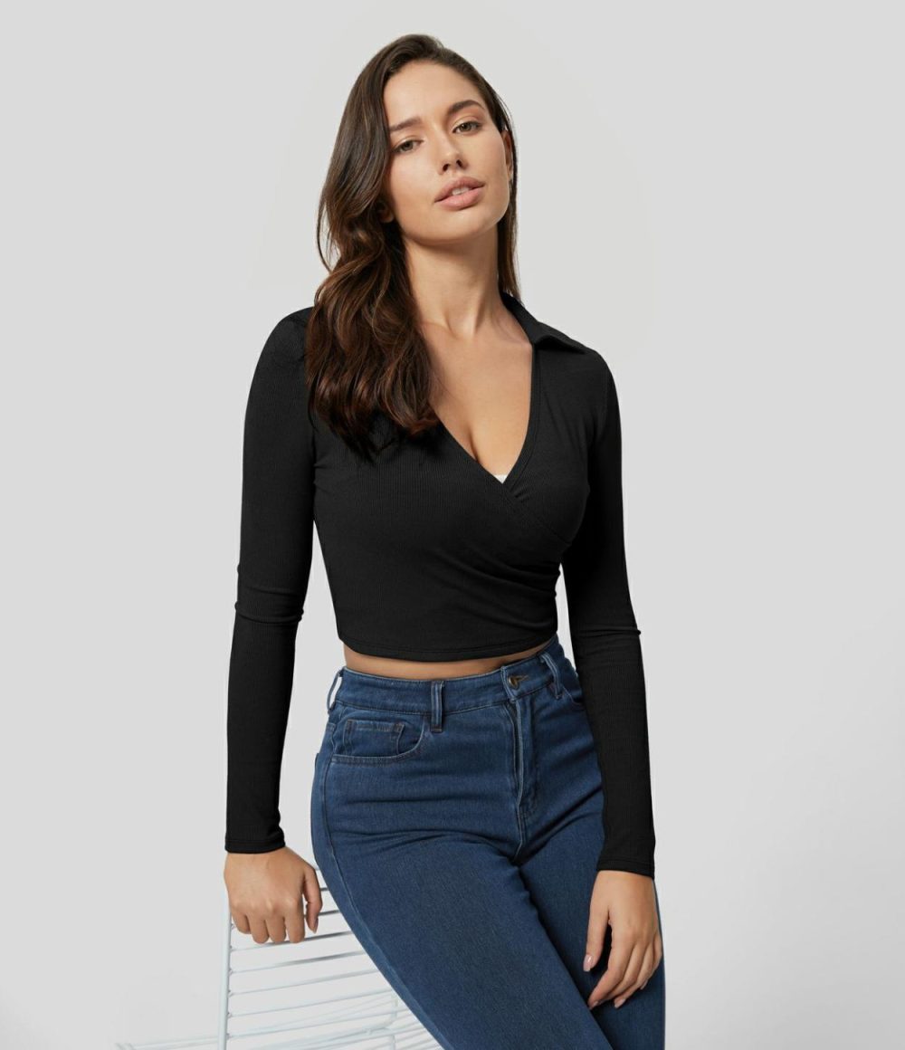 Ribbed Knit Long Sleeve Crossover Hem Ruched Solid Cropped Casual Sports Top  | Womens  Sports Tops Clothing Black/Blue Without Nights