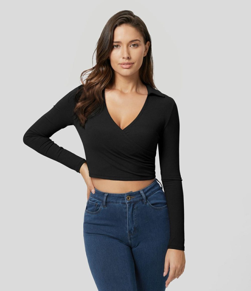 Ribbed Knit Long Sleeve Crossover Hem Ruched Solid Cropped Casual Sports Top  | Womens  Sports Tops Clothing Black/Blue Without Nights