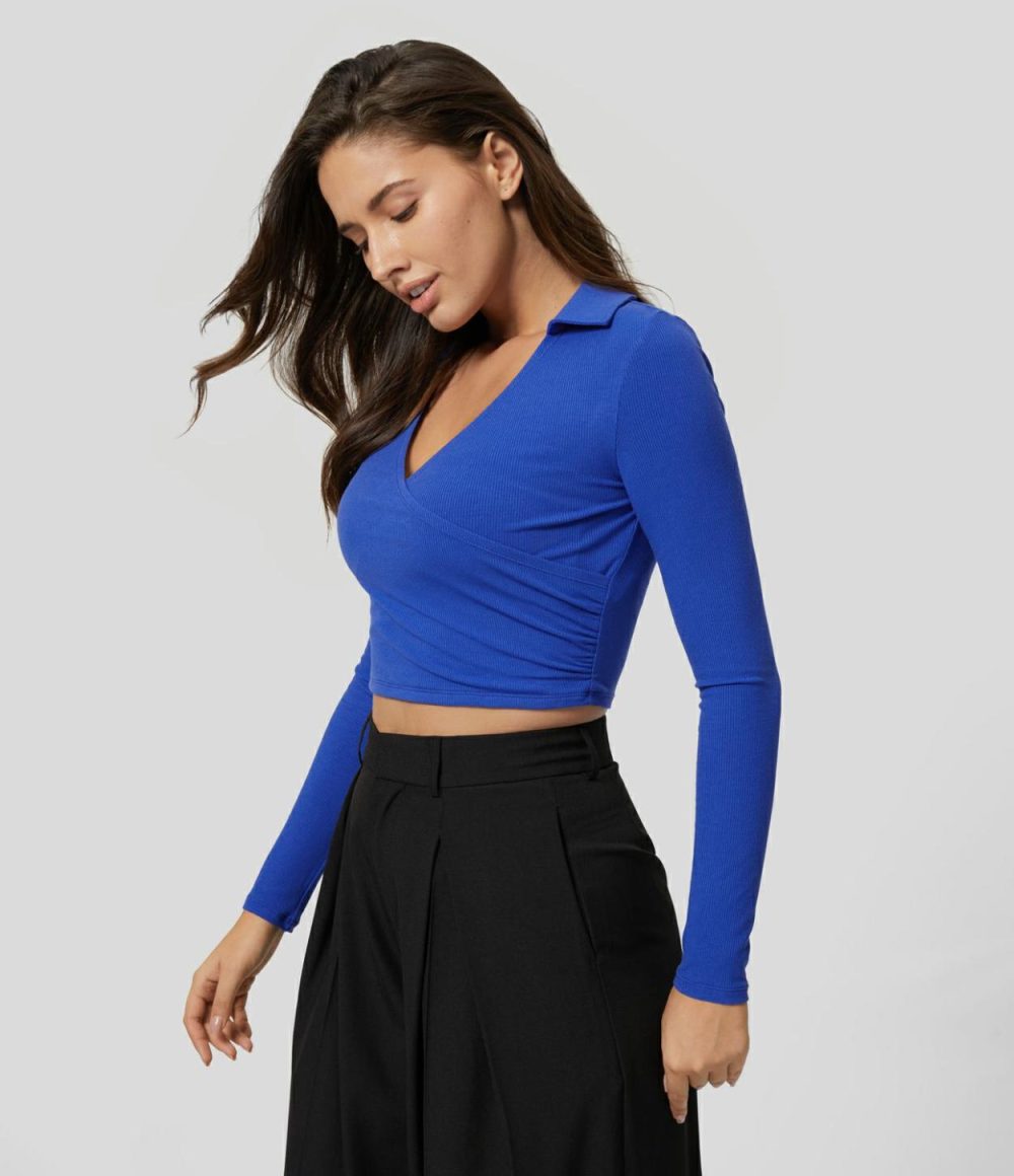 Ribbed Knit Long Sleeve Crossover Hem Ruched Solid Cropped Casual Sports Top  | Womens  Sports Tops Clothing Black/Blue Without Nights