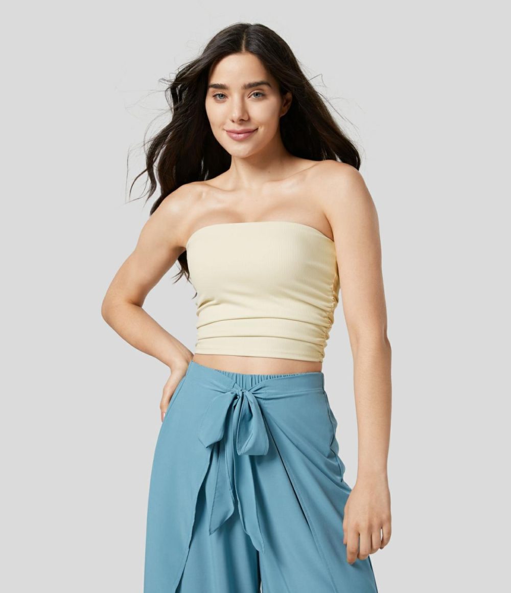 Ribbed Knit Ruched Cropped Yoga Tube Top  | Womens  Cropped Tops Clothing Cropped Tops