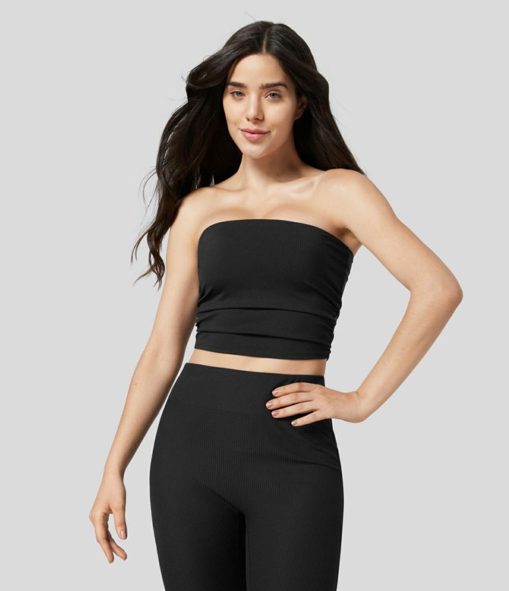 Ribbed Knit Ruched Cropped Yoga Tube Top  | Womens  Cropped Tops Clothing Cropped Tops