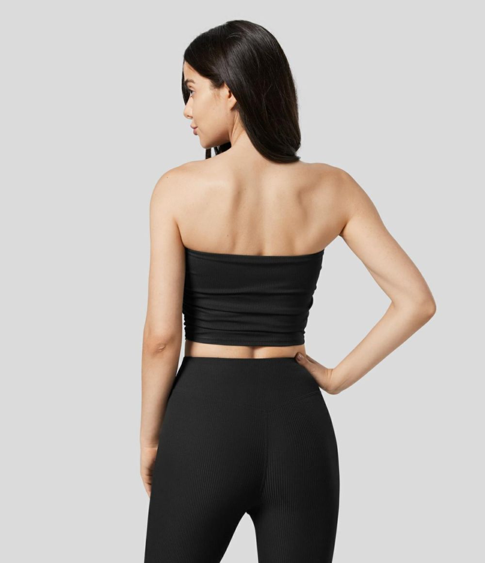 Ribbed Knit Ruched Cropped Yoga Tube Top  | Womens  Cropped Tops Clothing Cropped Tops