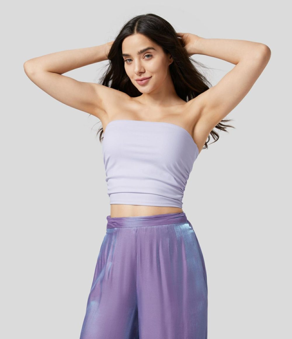 Ribbed Knit Ruched Cropped Yoga Tube Top  | Womens  Cropped Tops Clothing Cropped Tops