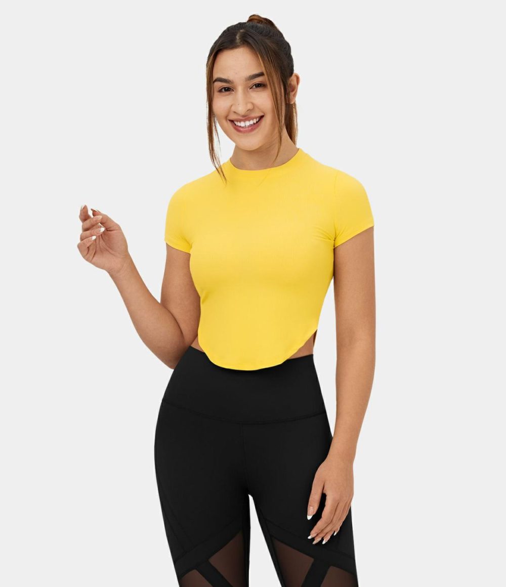 Ribbed Knit Short Sleeve Asymmetric Hem Cropped Casual T-Shirt  | Womens  Cropped Tops Clothing Aspen Gold/Black