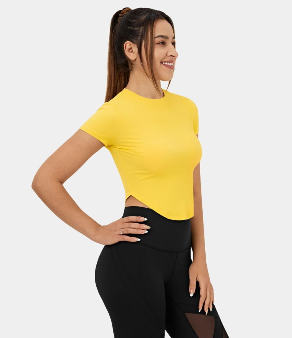 Ribbed Knit Short Sleeve Asymmetric Hem Cropped Casual T-Shirt  | Womens  Cropped Tops Clothing Aspen Gold/Black