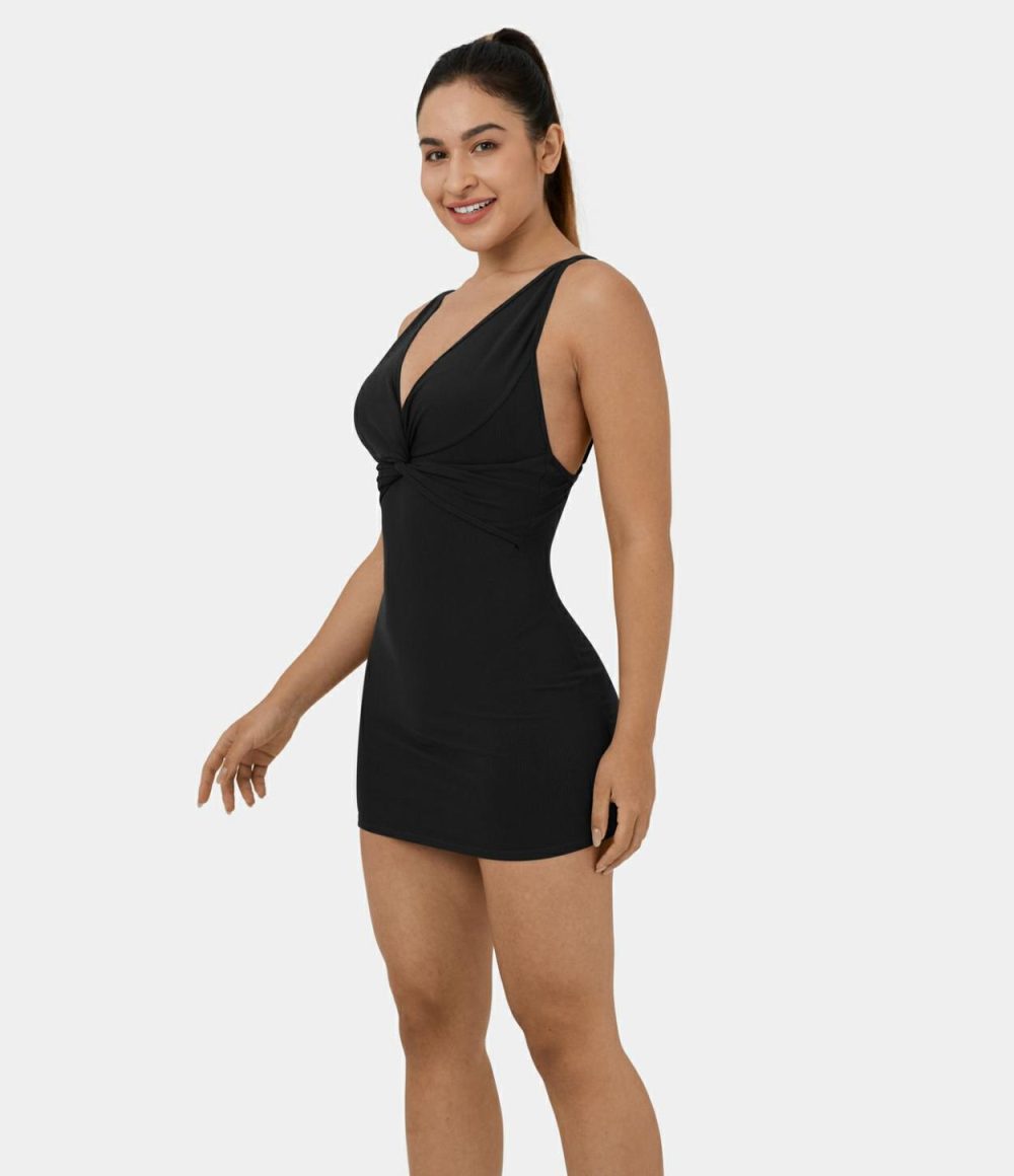 Ribbed Knit Sleeveless Backless Deep V Neck Twisted Mini Casual Dress  | Womens  Mini Dresses Clothing Black/Surf The Web