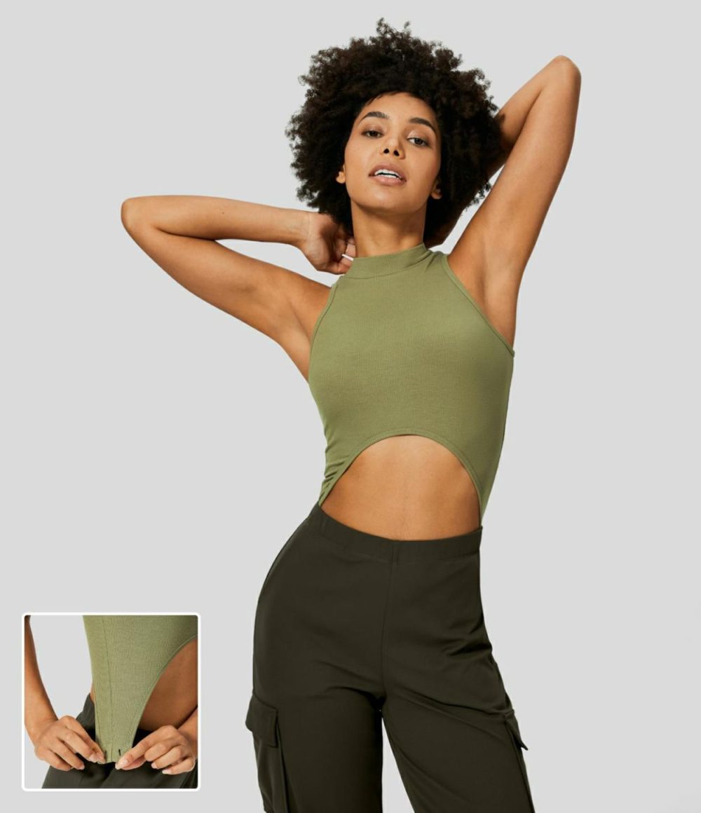 Ribbed Knit Sleeveless Racerback Curved Hem Crop Casual Tank Top  | Womens  T-Shirts Clothing Green Olive/Black