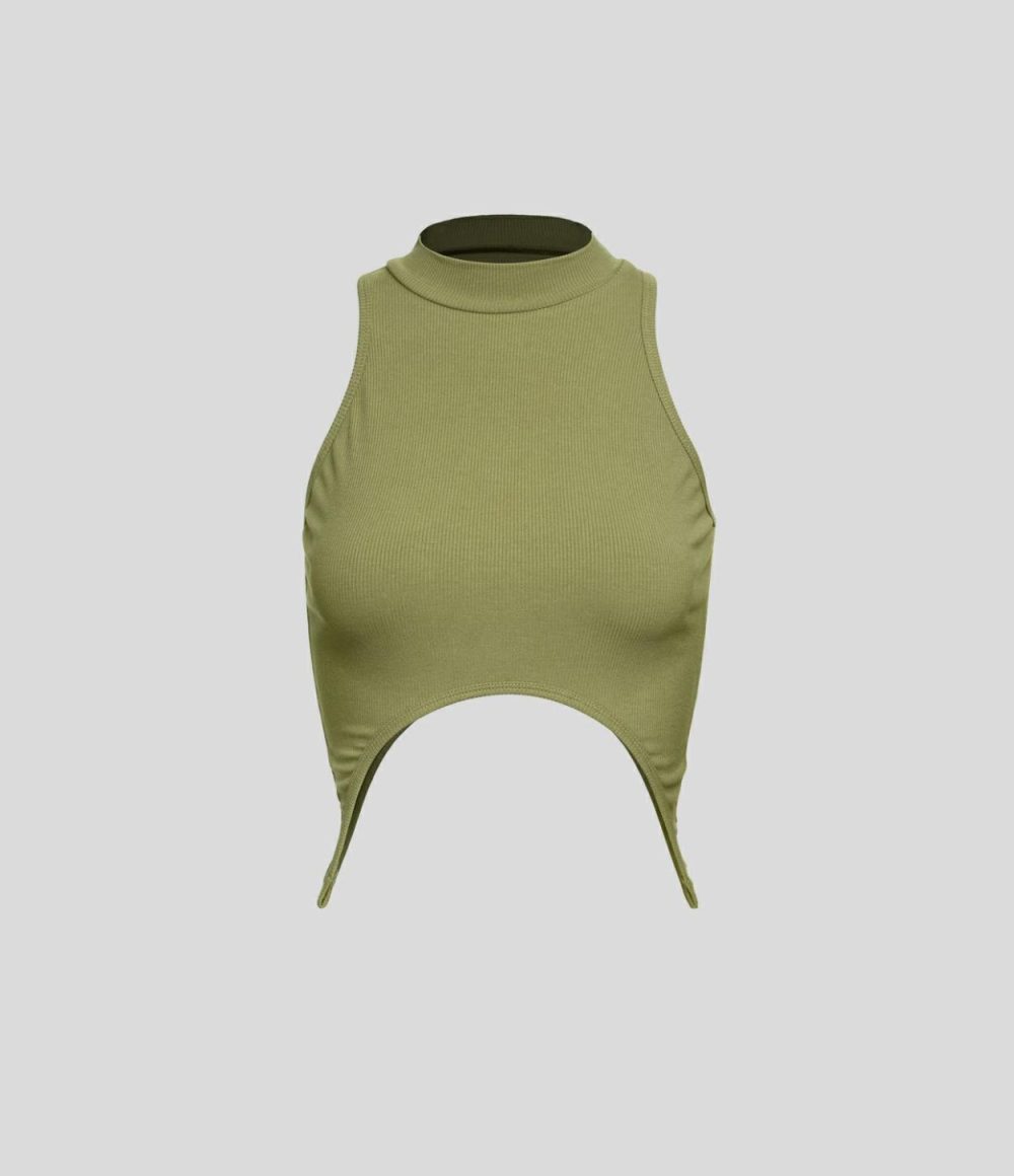 Ribbed Knit Sleeveless Racerback Curved Hem Crop Casual Tank Top  | Womens  T-Shirts Clothing Green Olive/Black