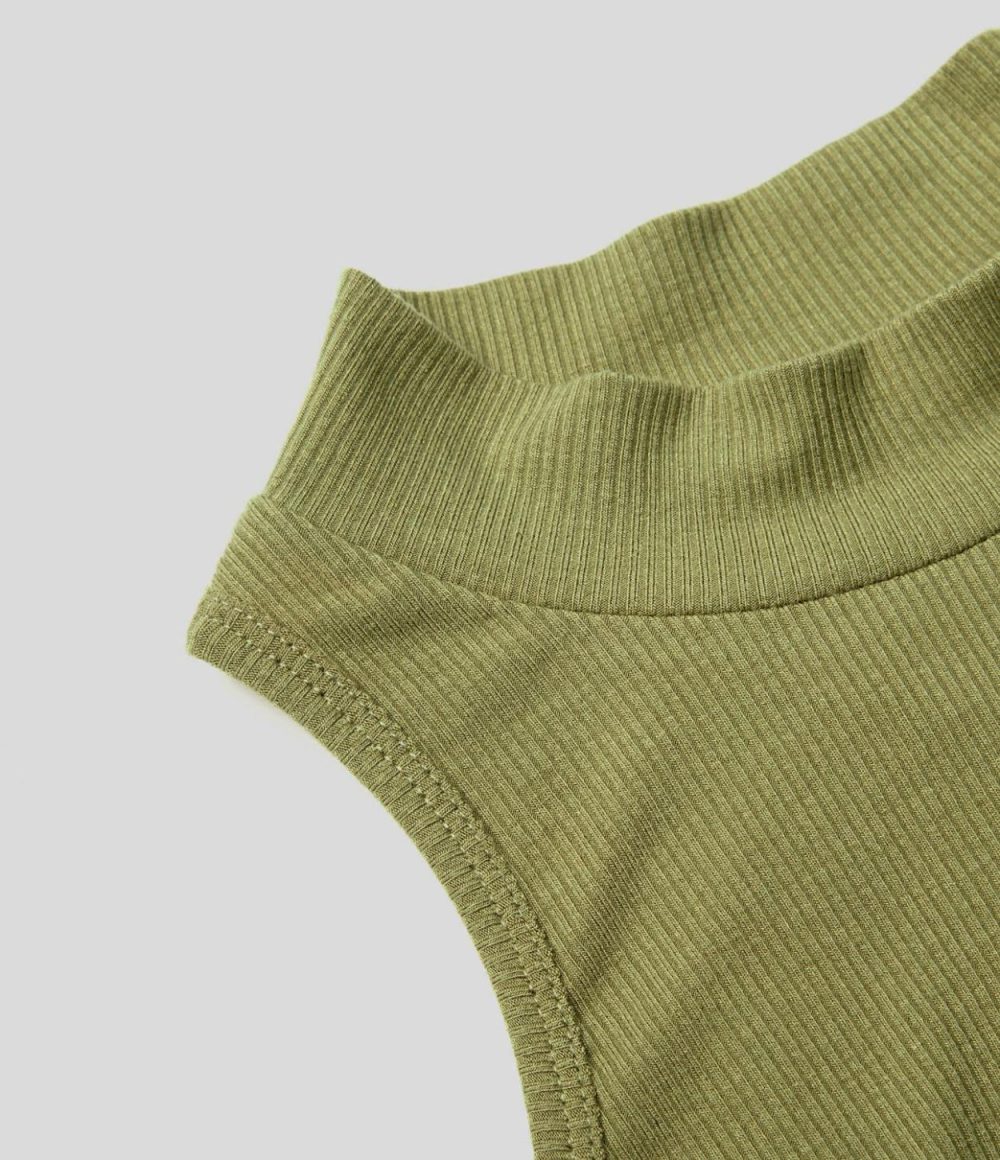 Ribbed Knit Sleeveless Racerback Curved Hem Crop Casual Tank Top  | Womens  T-Shirts Clothing Green Olive/Black