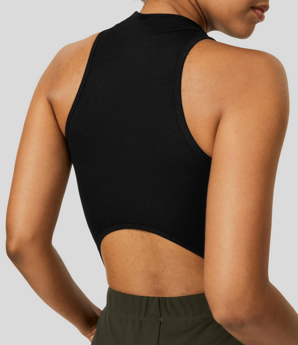 Ribbed Knit Sleeveless Racerback Curved Hem Crop Casual Tank Top  | Womens  T-Shirts Clothing Green Olive/Black