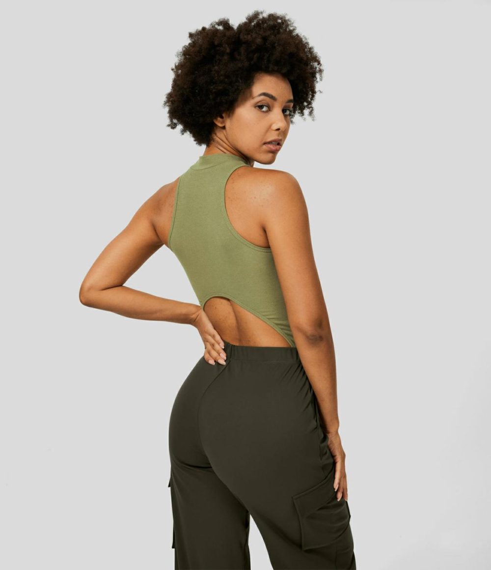 Ribbed Knit Sleeveless Racerback Curved Hem Crop Casual Tank Top  | Womens  T-Shirts Clothing Green Olive/Black